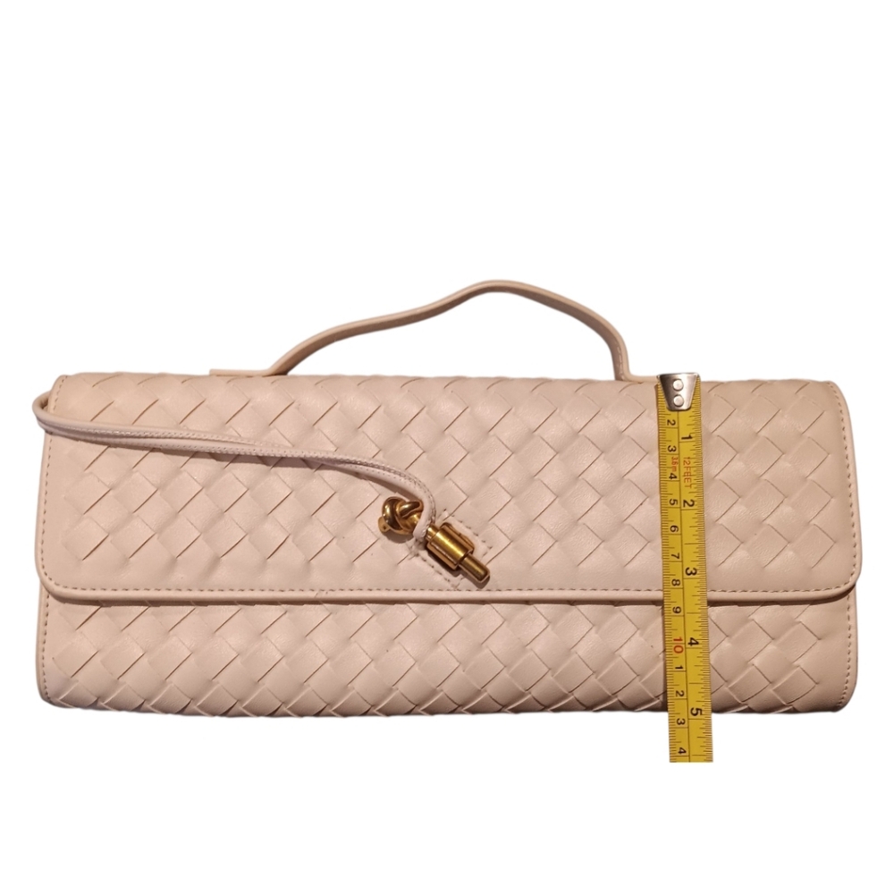 * Cream Faux Woven Leather Clutch Handbag With Shoulder Strap - Picture 5 of 7